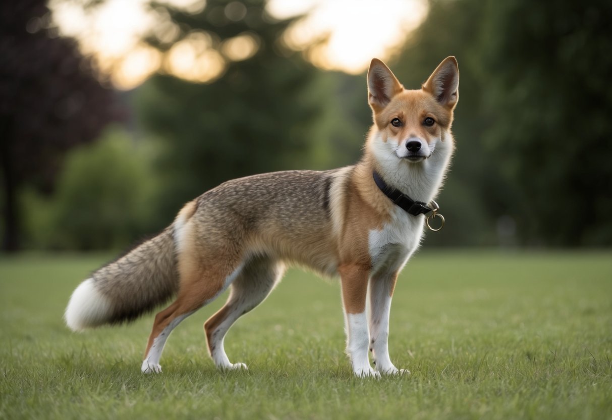 A dog with the body and tail of a fox, a mix of canine features with a sleek, bushy tail and pointed ears