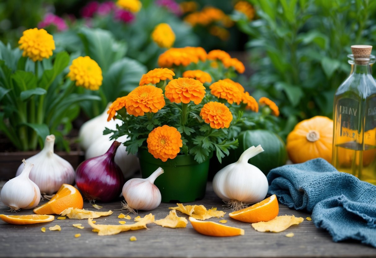 A garden filled with strong-smelling plants like garlic, onions, and marigolds, with scattered citrus peels and vinegar-soaked rags