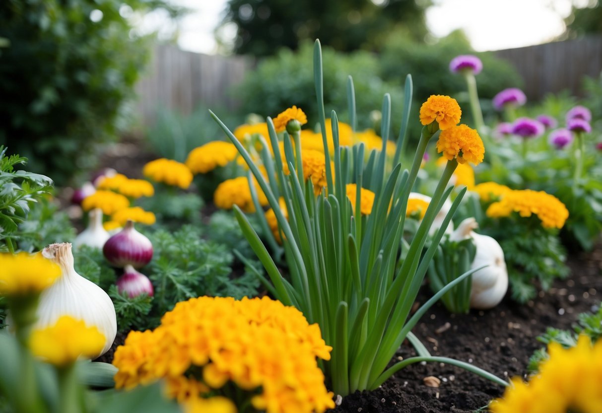 The garden is filled with strong-smelling plants like garlic, onions, and marigolds, all of which emit odors that foxes find unpleasant