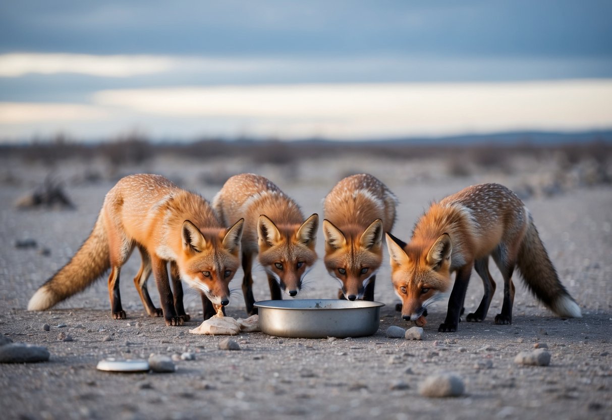 A group of hungry foxes gather outside an empty food dish, looking around for scraps in a barren and desolate landscape