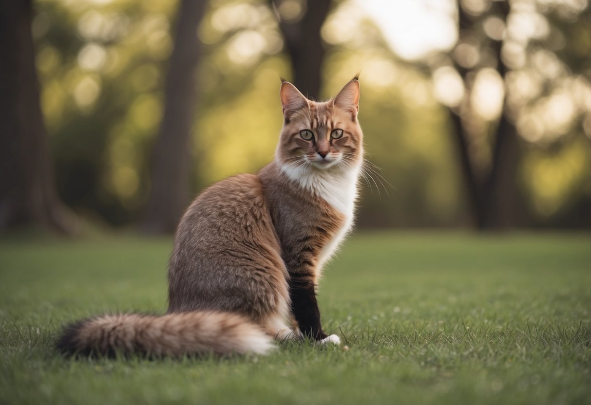 A cat with a long, bushy tail and pointy ears, resembling a fox