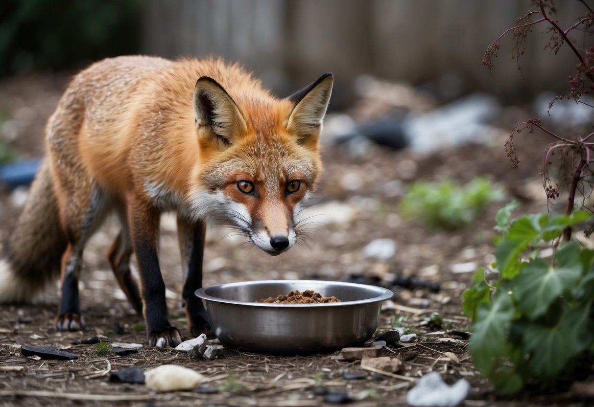 A fox looks longingly at an empty food bowl, surrounded by wilted plants and litter