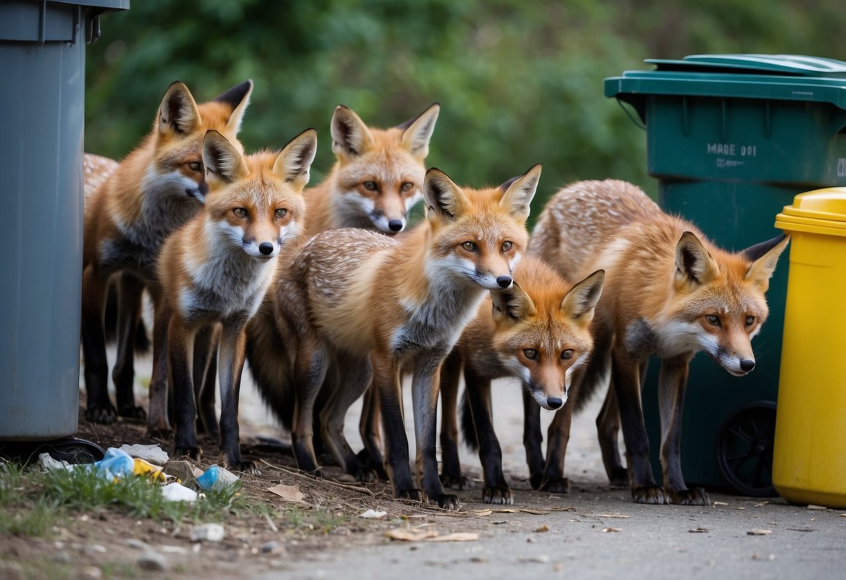 A group of hungry foxes gather near a garbage bin, scavenging for food. Their ribs are visible, and they appear weak and malnourished