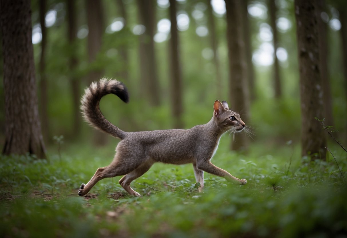 A sleek, agile creature with a bushy tail prowls through a dense forest, its pointed ears twitching as it hunts for prey