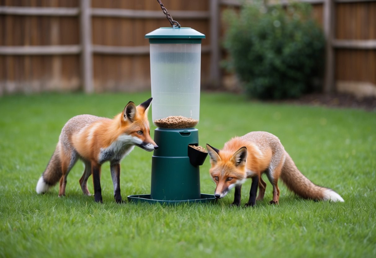 A backyard with an empty feeding station, foxes searching for food in the grass