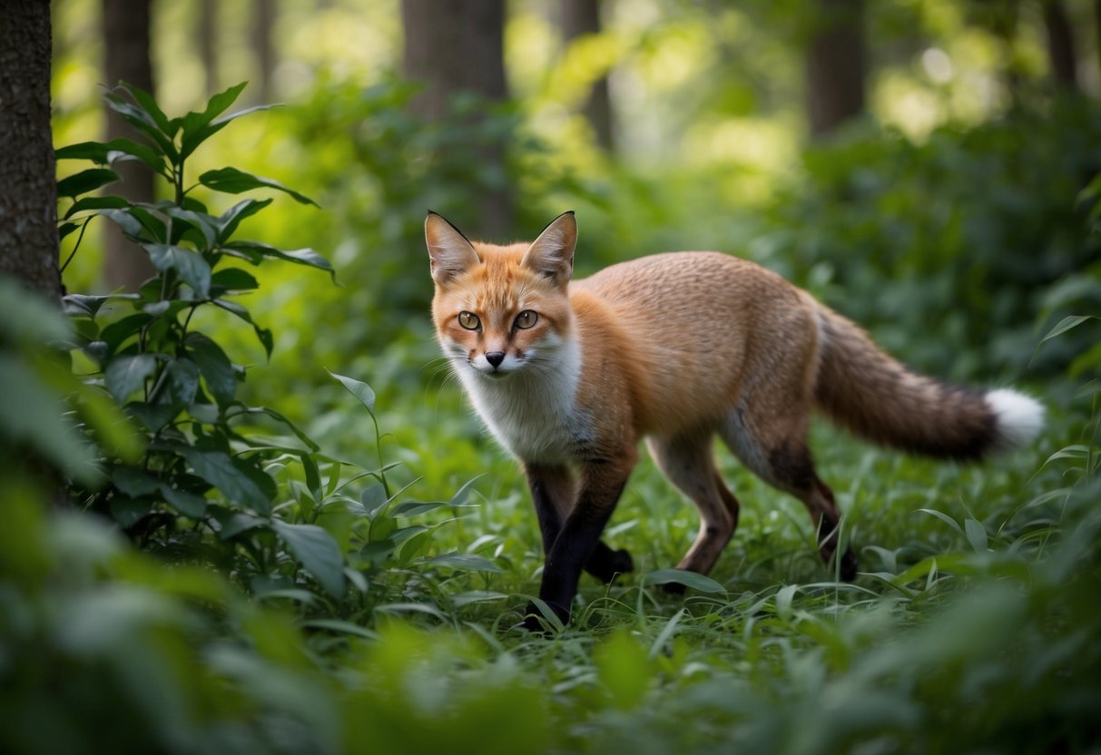 A cat-fox hybrid prowls through a lush forest, its sleek fur blending in with the foliage as it moves stealthily through the underbrush
