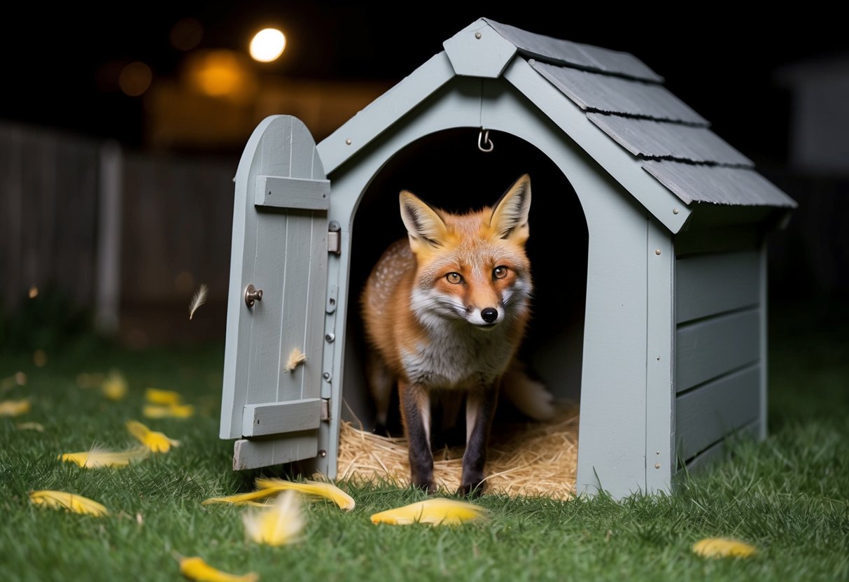A fox sneaking into a chicken coop at night, with feathers scattered around and a guilty look on its face