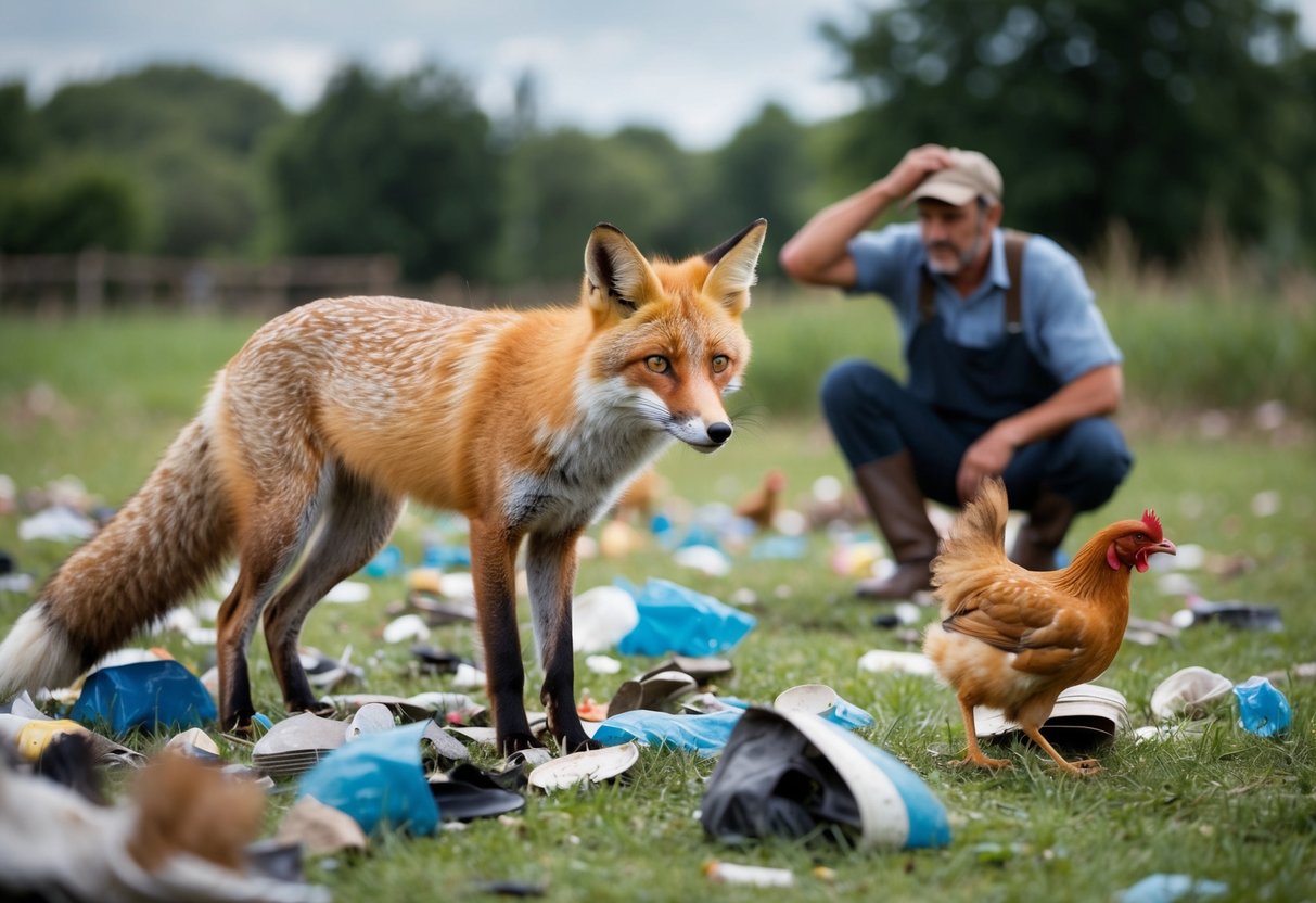 A fox stands amidst scattered trash, its sharp gaze fixed on a fleeing chicken. Nearby, a farmer shakes his head in frustration