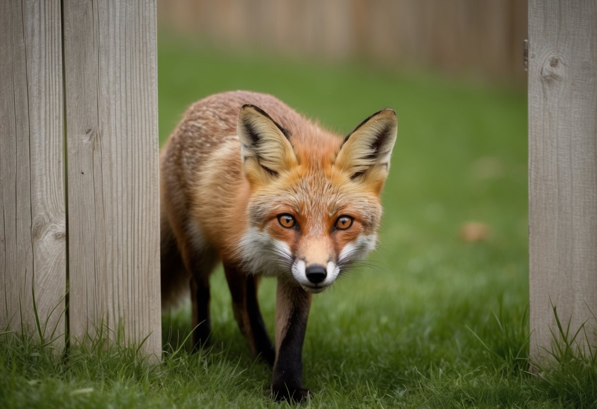 A fox squeezing through a narrow gap in a wooden fence