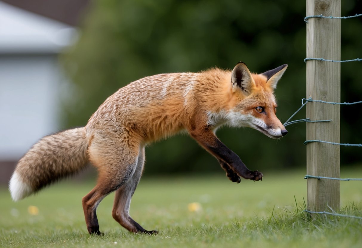 A fox squeezing through a narrow gap in a fence, its body contorted as it maneuvers through the tight space