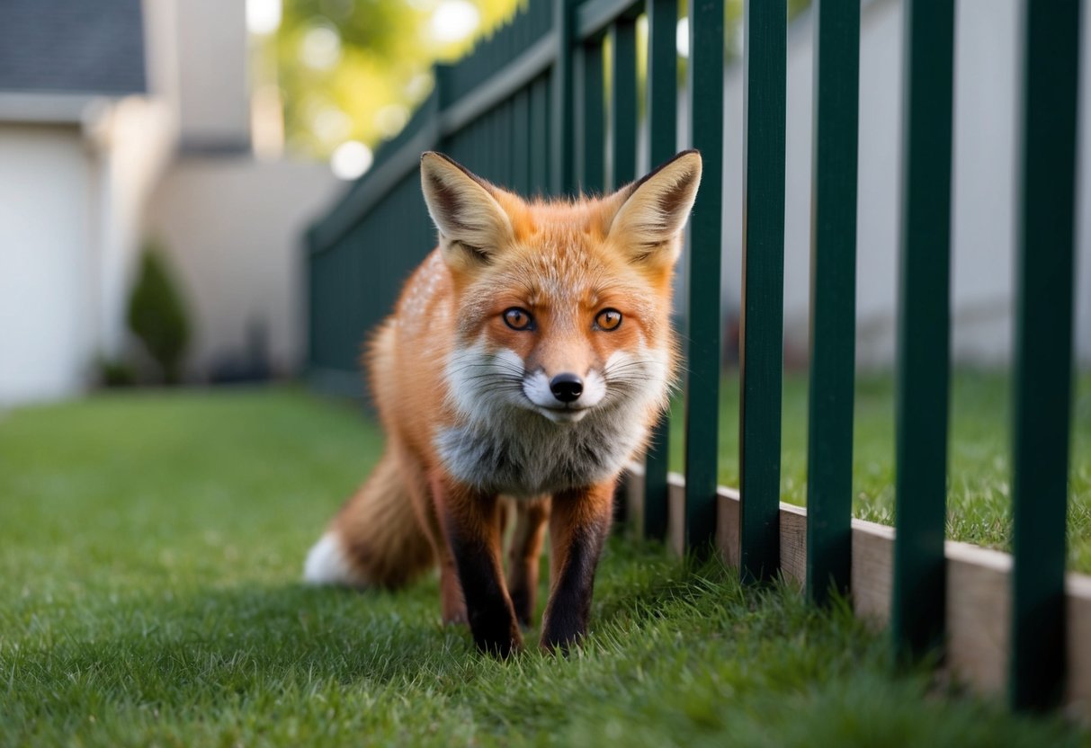 A red fox squeezing through a small gap in a fence in a suburban backyard