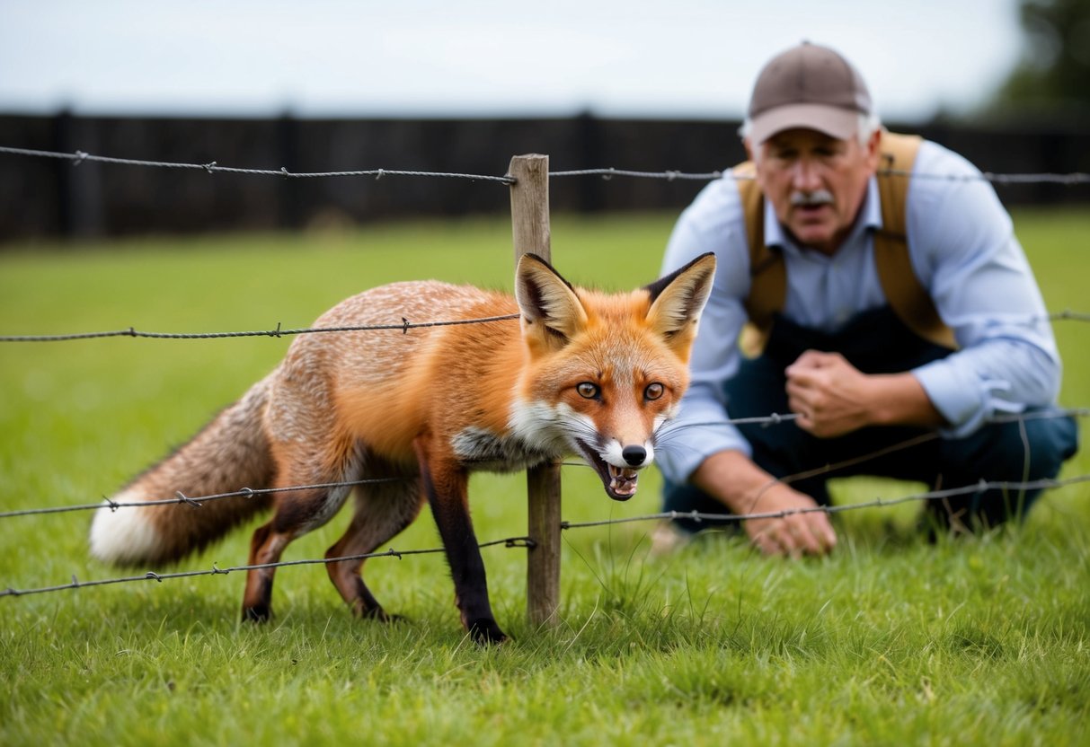A fox squeezing through a small gap in a fence, with a frustrated farmer looking on