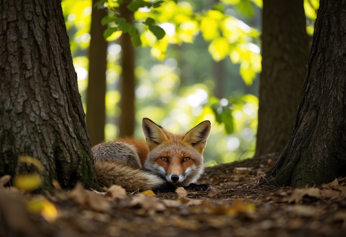 A fox rests in a cozy den under a thick canopy of trees, dappled sunlight filtering through the leaves