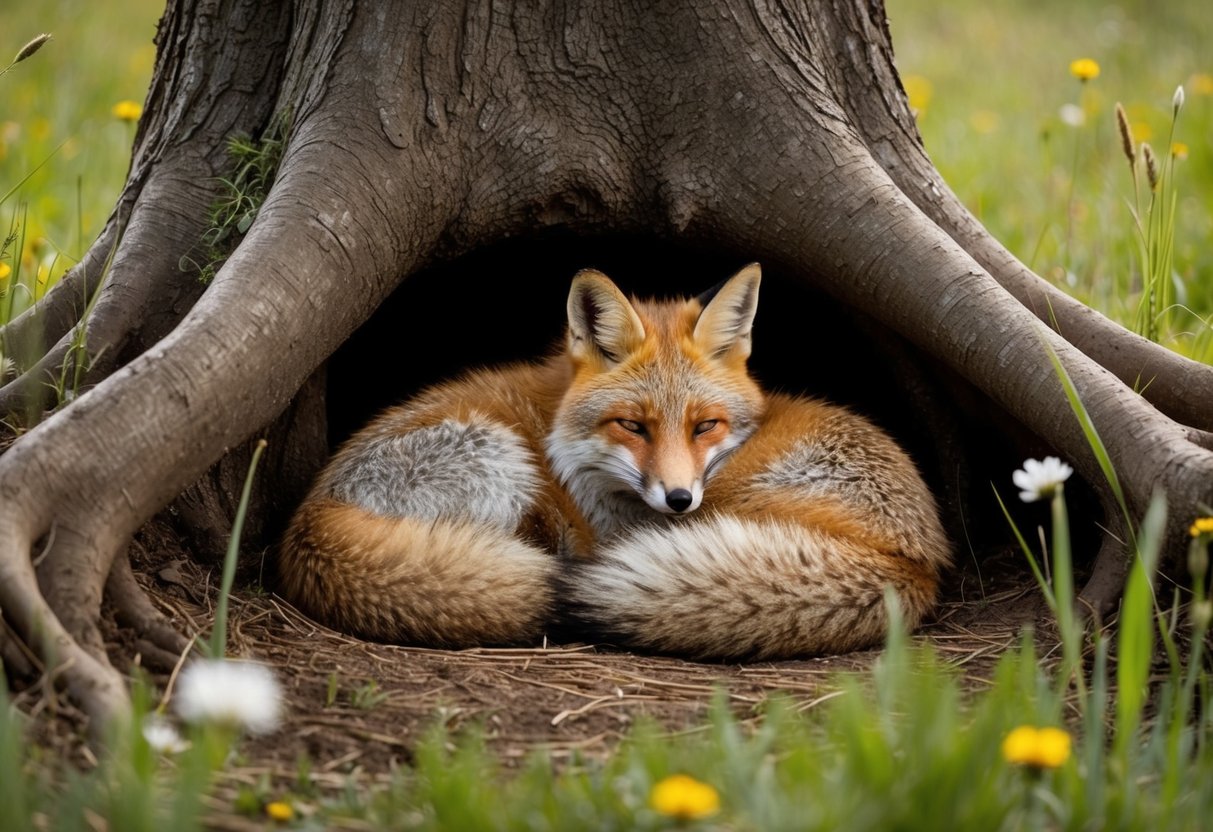 A fox curled up in a cozy den beneath the roots of a large tree, surrounded by tall grass and wildflowers