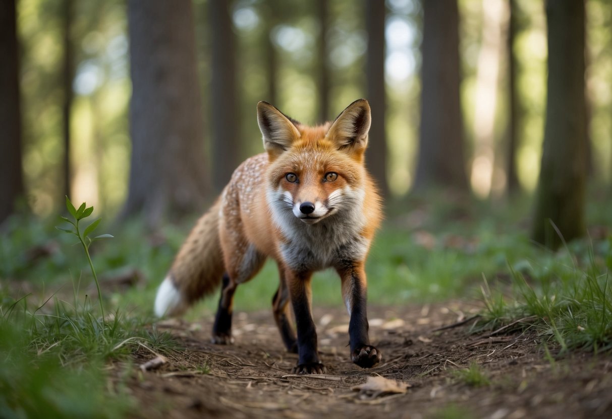 A fox emerges from its den and cautiously explores the forest, sniffing the air and scanning for potential prey