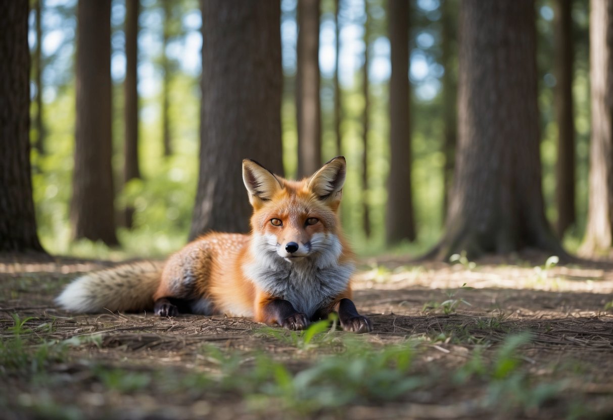 A fox lounges in a sun-dappled forest clearing, surrounded by tall trees and dappled sunlight. The fox looks relaxed, with its eyes half-closed and ears perked up