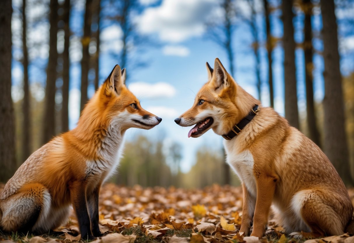 A fox and a dog facing each other, surrounded by a forest with scattered leaves and a clear blue sky above