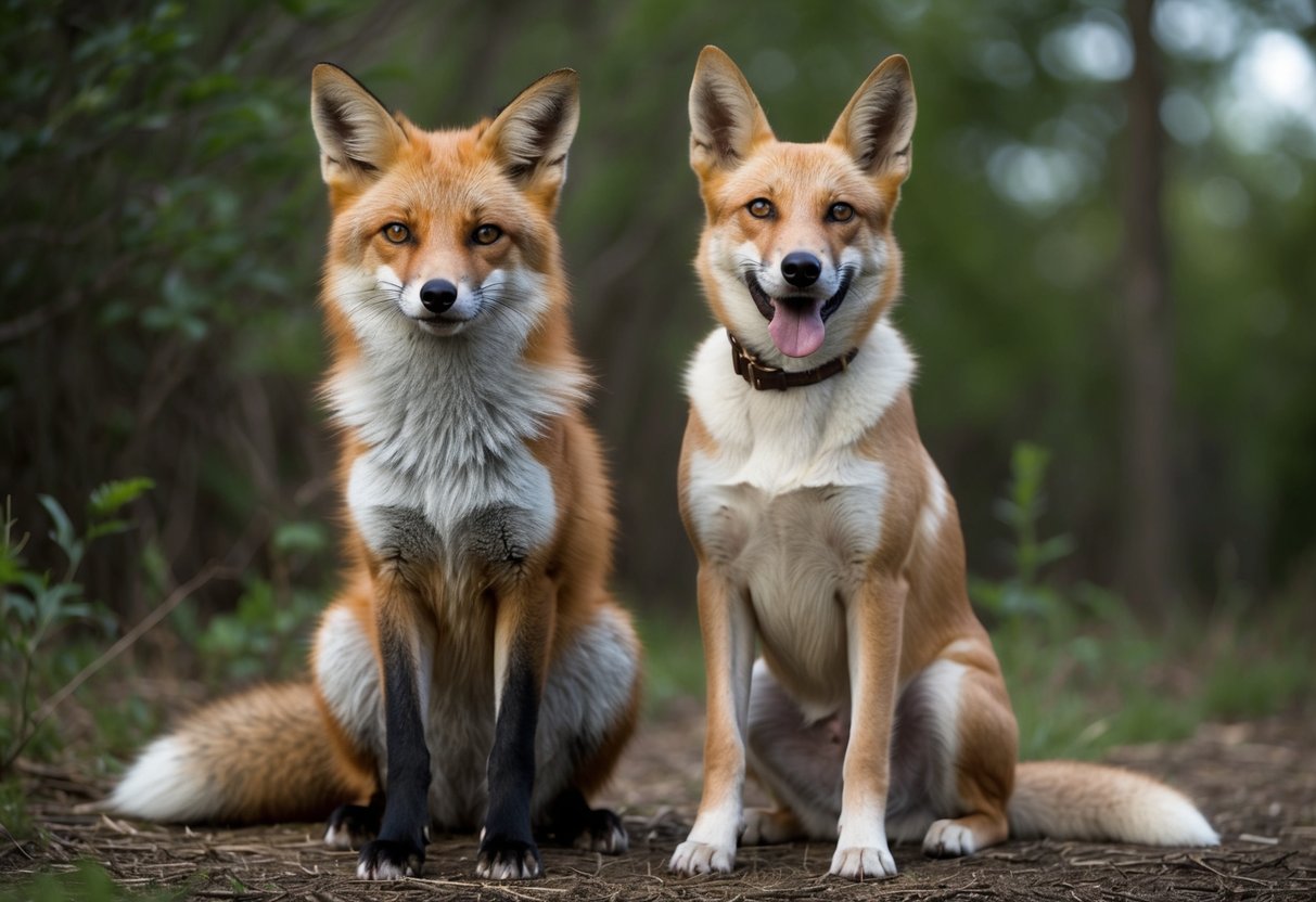 A fox and a dog sit side by side, surrounded by nature. The fox's sharp eyes and sleek fur contrast with the dog's loyal expression and wagging tail
