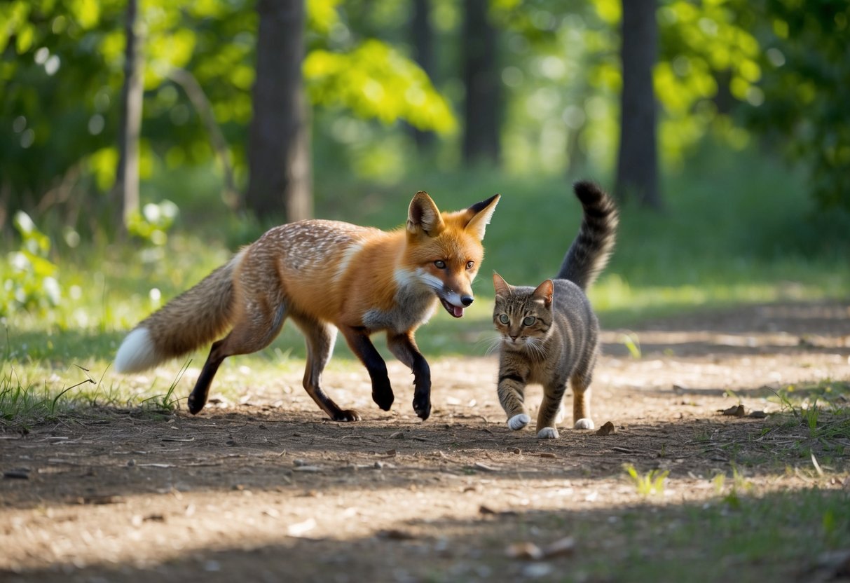 A fox and a cat playfully chase each other through a sun-dappled forest clearing