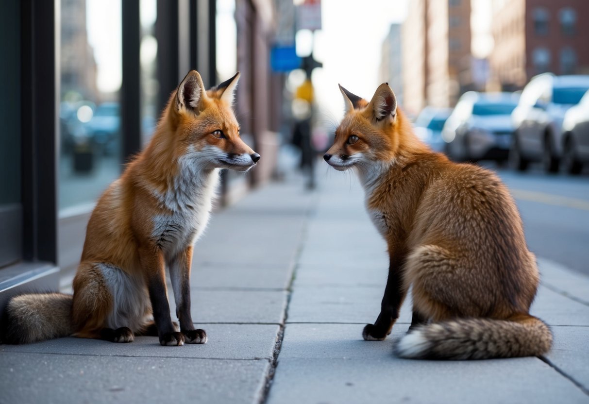 A fox and a cat sitting side by side on a city sidewalk, looking curiously at each other with their ears perked up