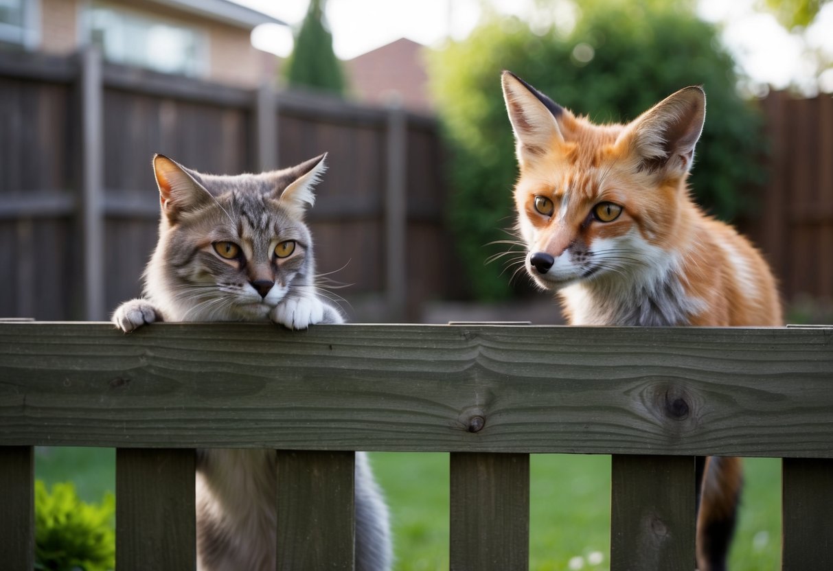 A cat and a fox cautiously eye each other from opposite sides of a wooden fence in a backyard garden. The cat appears wary, while the fox looks curious