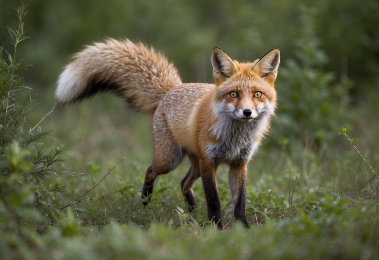 A fox emerges from the dense underbrush, its bushy tail held high as it scans the surroundings with alert, golden eyes