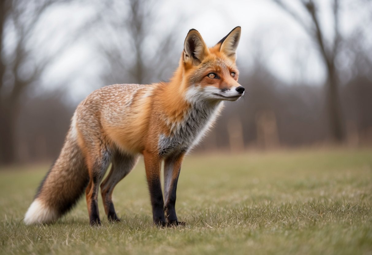 A fox with alert ears and a bushy tail stands on its hind legs, gazing curiously at something in the distance