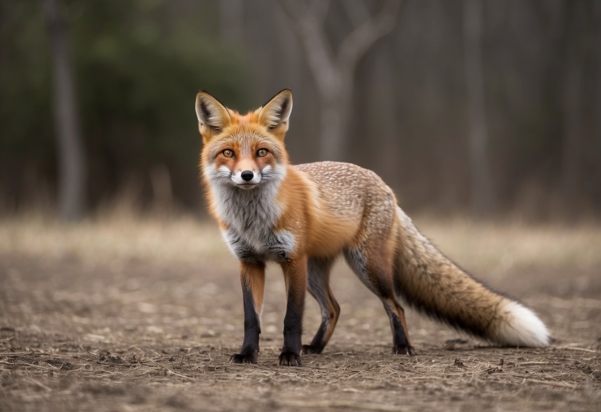 A fox standing alert in a clearing, ears perked and eyes focused ahead, with a bushy tail and a cautious posture
