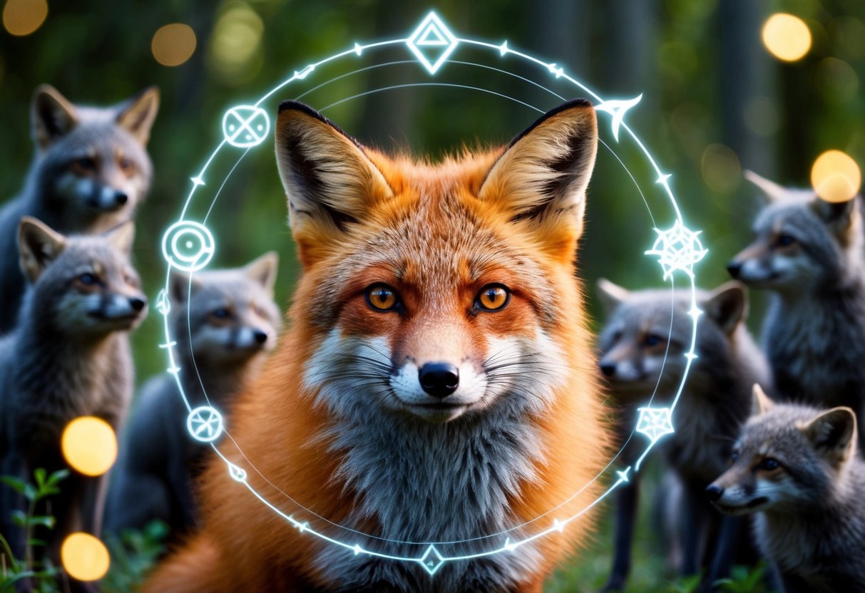 A fox with fiery red fur and piercing eyes, surrounded by mystical symbols and glowing orbs, observed by a group of mesmerized woodland creatures