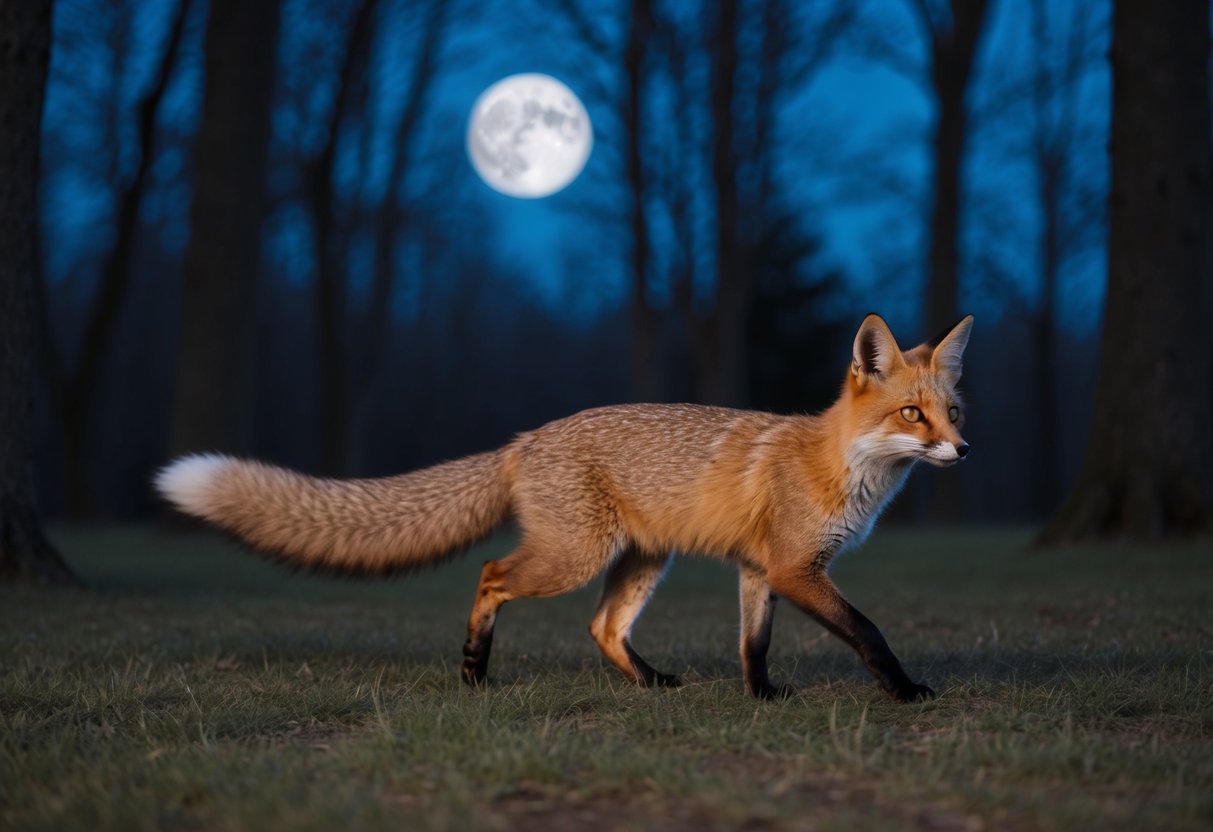 A sleek, orange creature with a long, bushy tail and pointed ears, resembling a mix between a fox and a cat, prowls through a moonlit forest