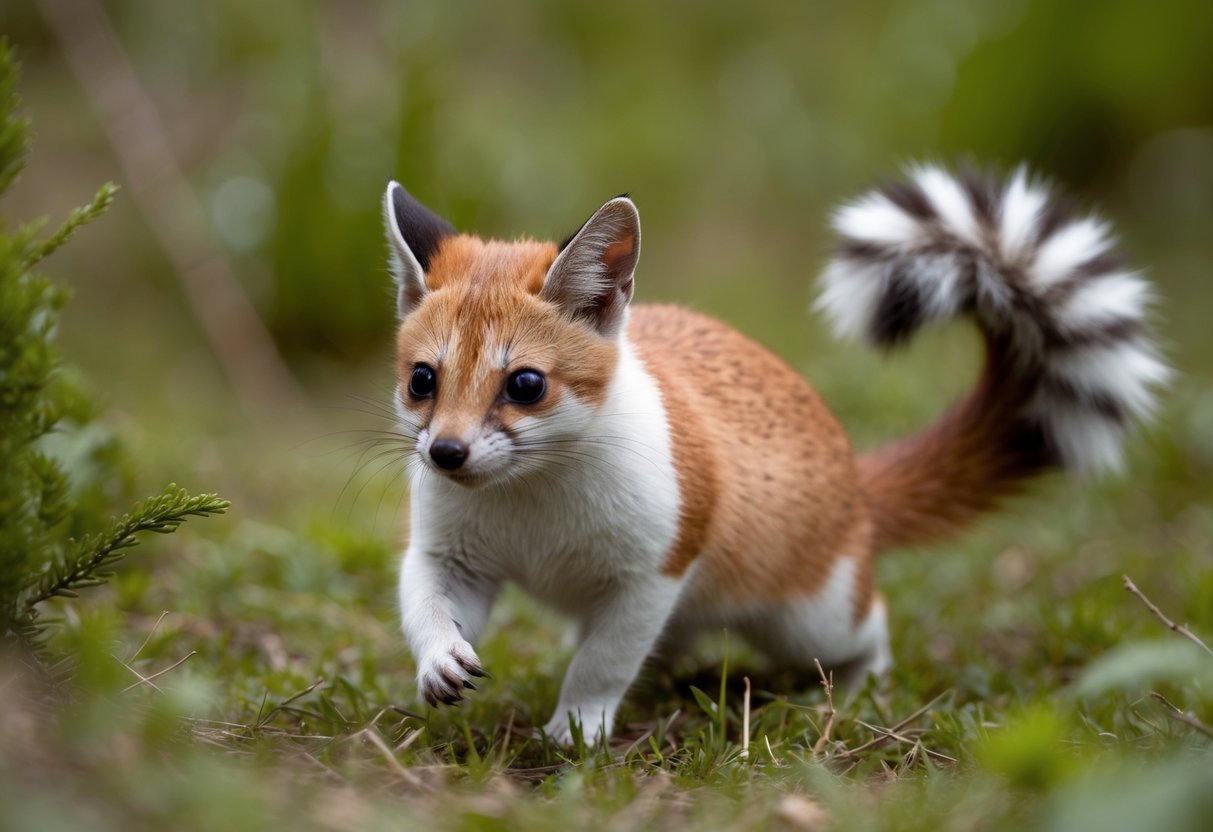 A small, agile creature with a pointed face and bushy tail prowls through the underbrush, its fur a mix of reddish-brown and white