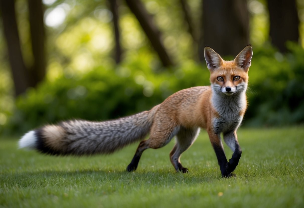 A sleek, agile creature with pointed ears and a long, bushy tail, resembling a fusion of a fox and a cat, prowls through a lush forest