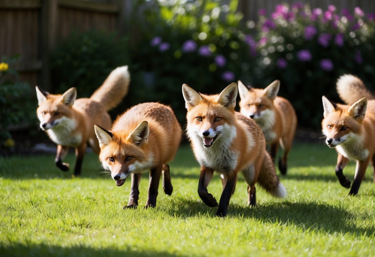 A group of foxes roam freely in a sunlit garden, sniffing around for food and playfully chasing each other
