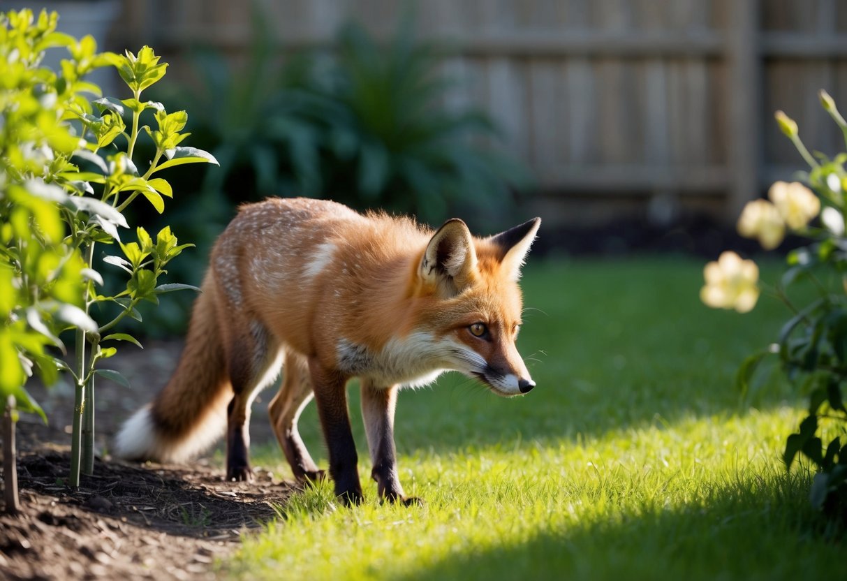 A fox cautiously explores a sunlit garden, sniffing at plants and peering around for potential prey