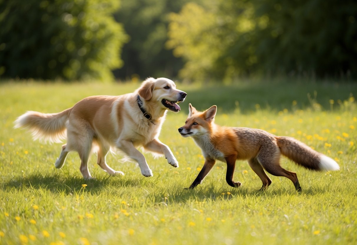 A golden retriever and a red fox playfully chase each other through a sun-dappled meadow