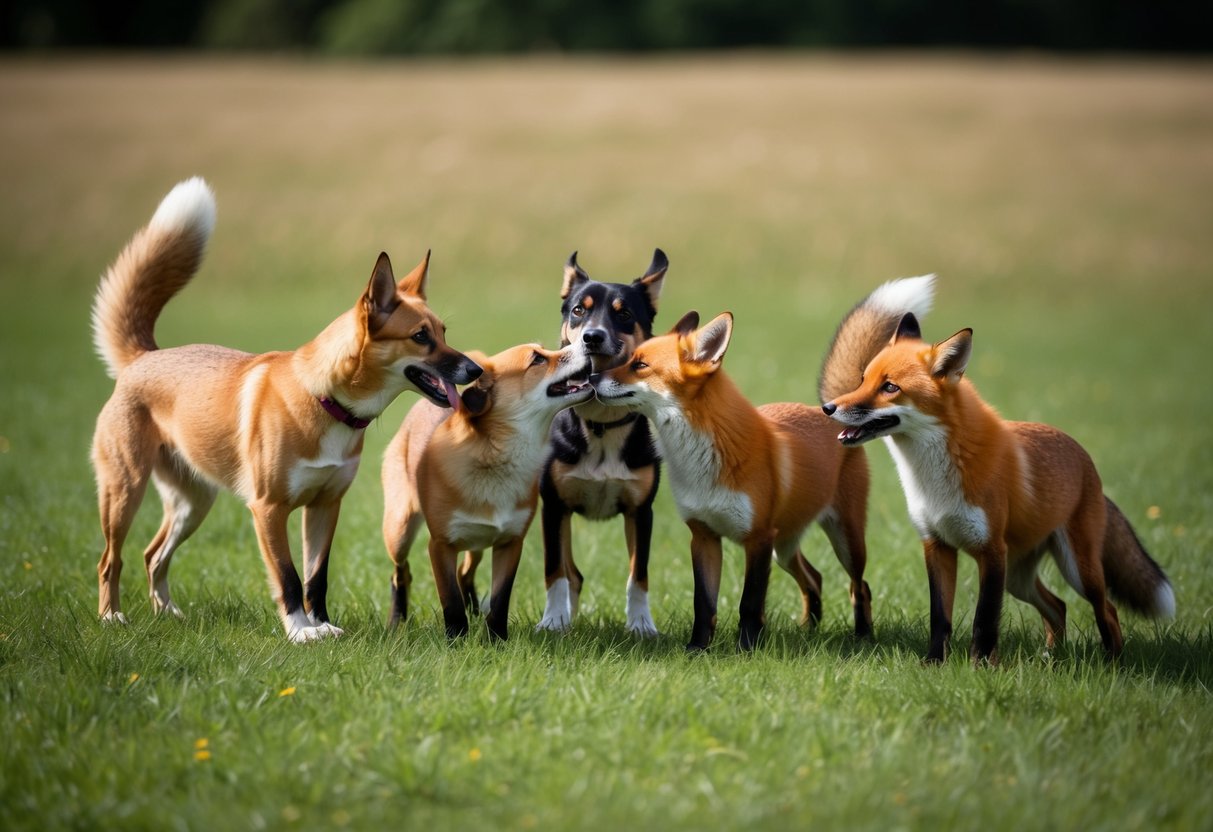 A group of dogs and foxes playfully interact in a grassy field, wagging their tails and sniffing each other curiously
