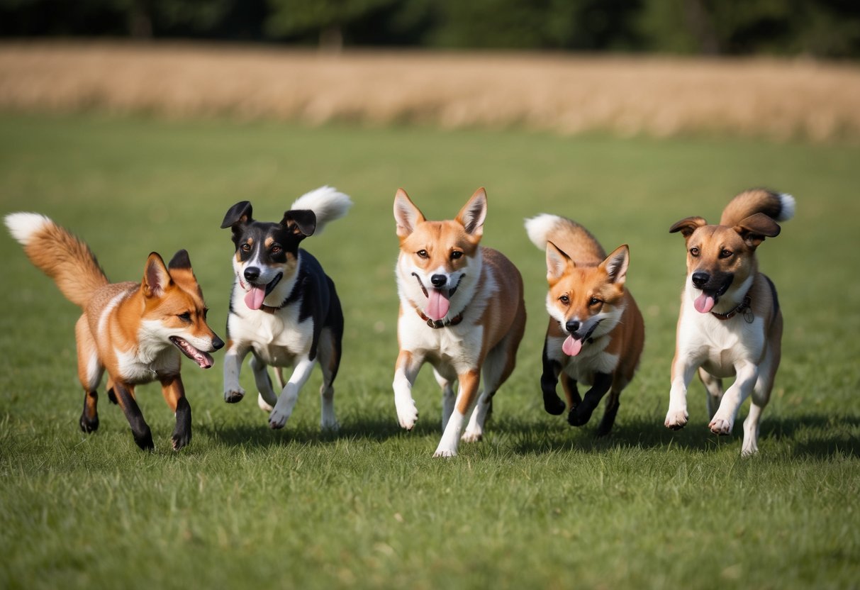 A group of dogs and foxes playfully chase each other in a grassy field, their tails wagging and tongues lolling in a display of friendly interaction