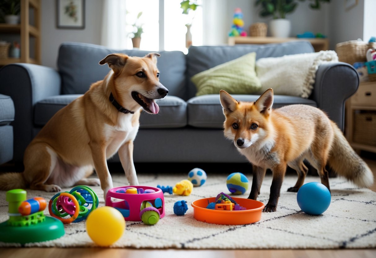 A dog and a fox playfully interact in a cozy living room, surrounded by toys and pet supplies. The dog appears friendly and eager, while the fox is cautious but curious