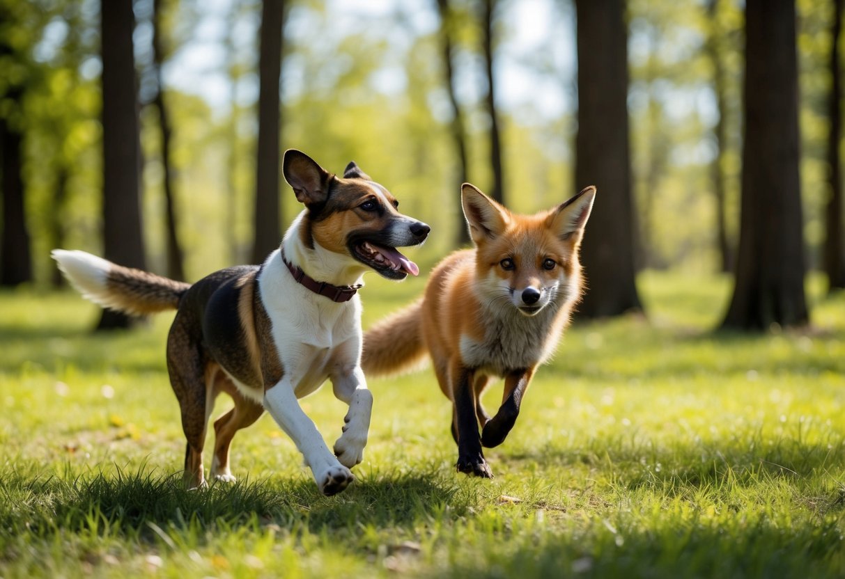 A dog and a fox playfully chase each other through a sun-dappled forest clearing, their playful antics hinting at the possibility of a unique hybrid offspring