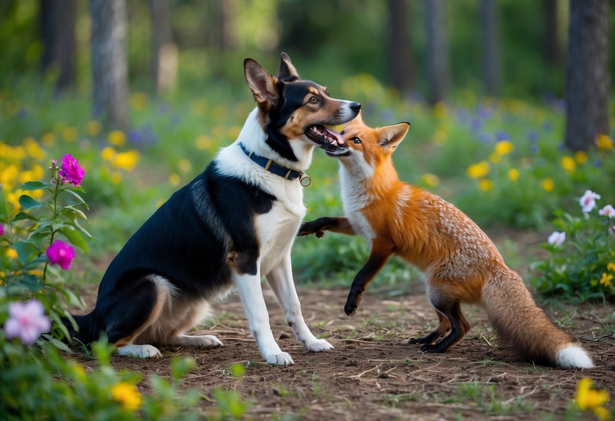 A dog and a fox playfully interact in a forest clearing, surrounded by vibrant flora and fauna. Their body language suggests curiosity and affection