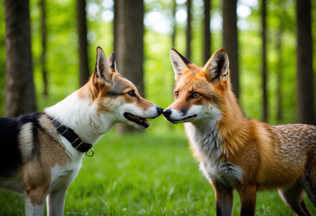 A dog and a fox stand side by side in a lush forest, their eyes locked in a moment of curiosity and connection