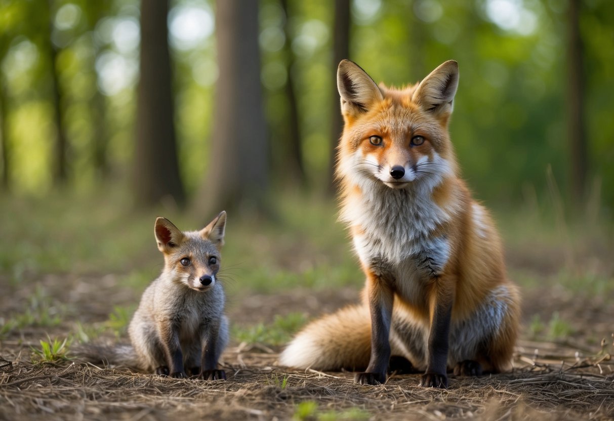 A fox and a small animal sitting peacefully side by side in a forest clearing