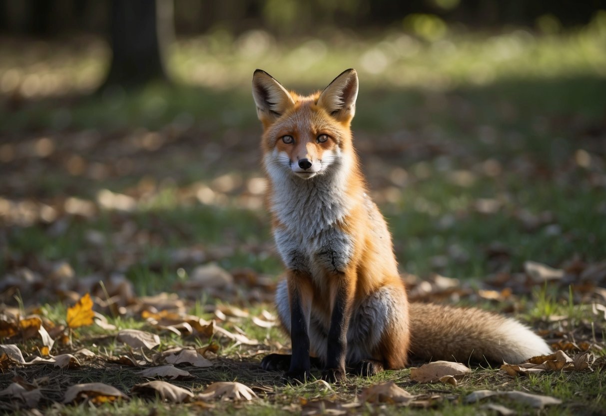 A fox sitting in a forest clearing, looking alert with ears perked and tail raised, surrounded by fallen leaves and dappled sunlight