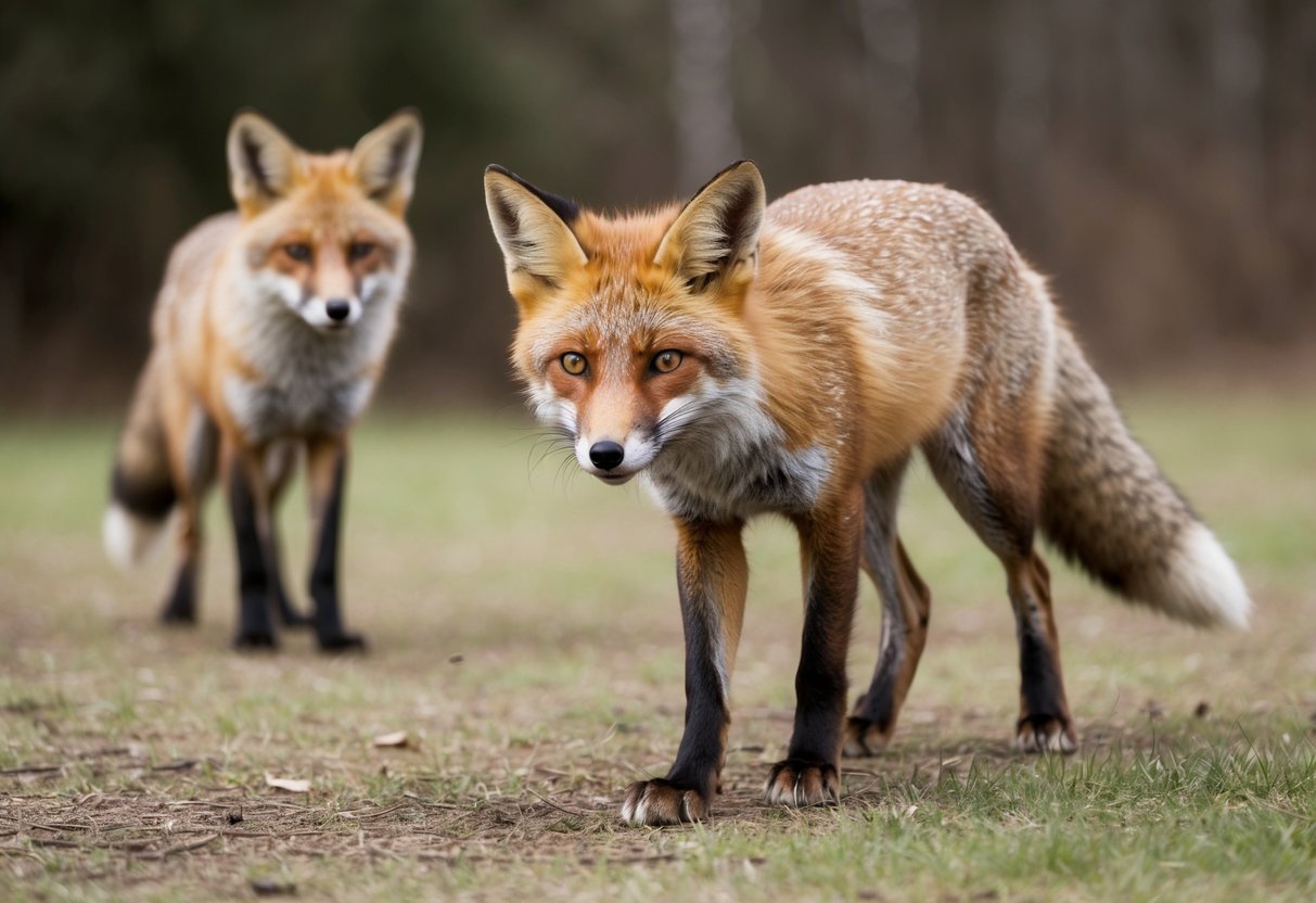 A fox cautiously approaches, ears perked. Another fox watches from a distance, curious but wary. The first fox sniffs the air, assessing the situation