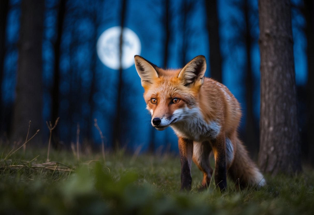 A fox cowers in a moonlit forest, ears pinned back, as a distant howl echoes through the trees