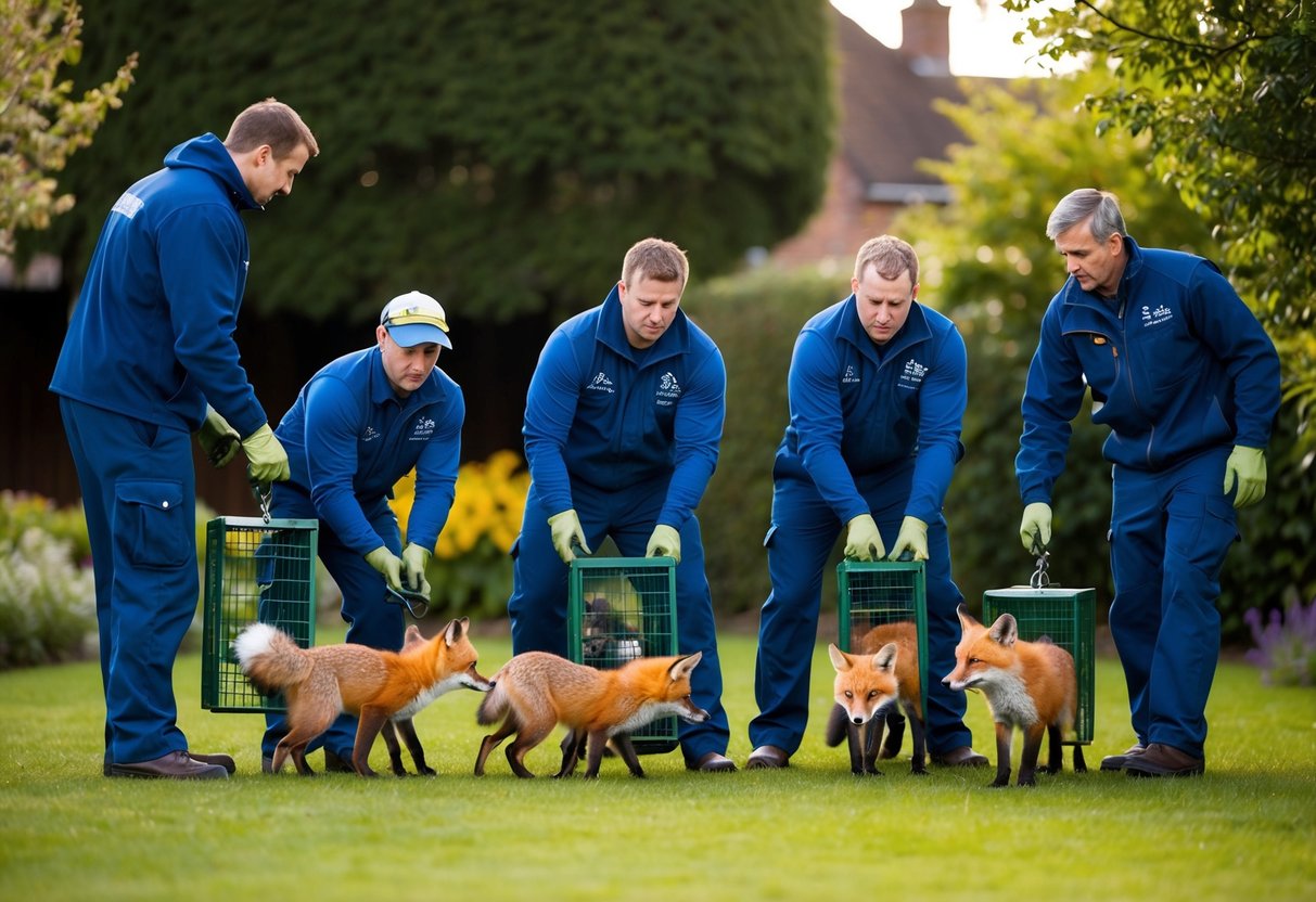 A group of council workers trapping and removing foxes from a garden