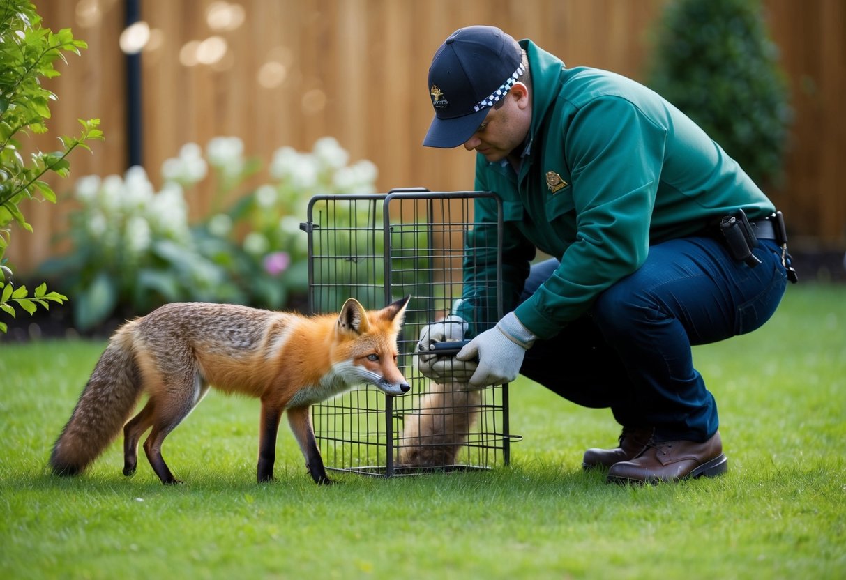 A council worker trapping a fox in a garden