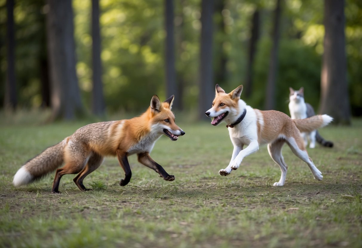A fox and a dog playfully chase each other through a forest clearing, while a cat watches from a safe distance
