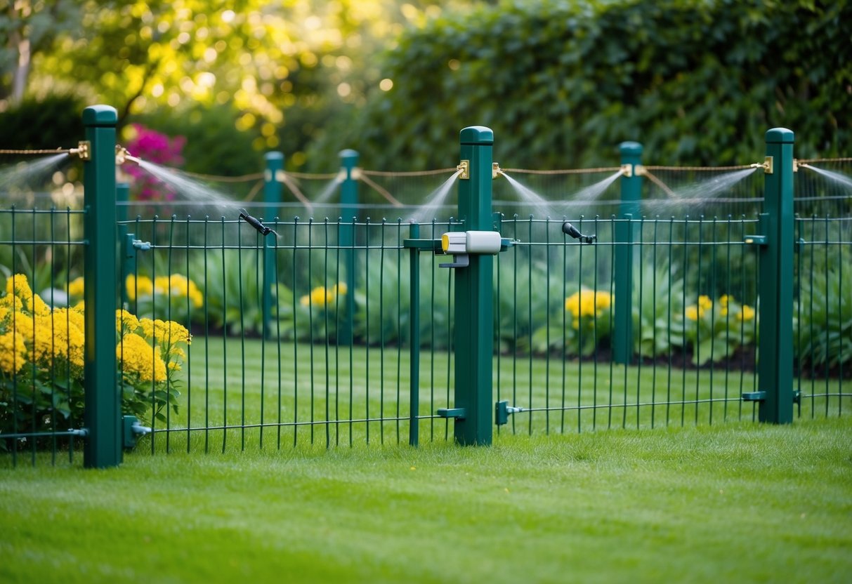 A fox-proof fence surrounds a lush garden, with motion-activated sprinklers and natural predator scents placed strategically