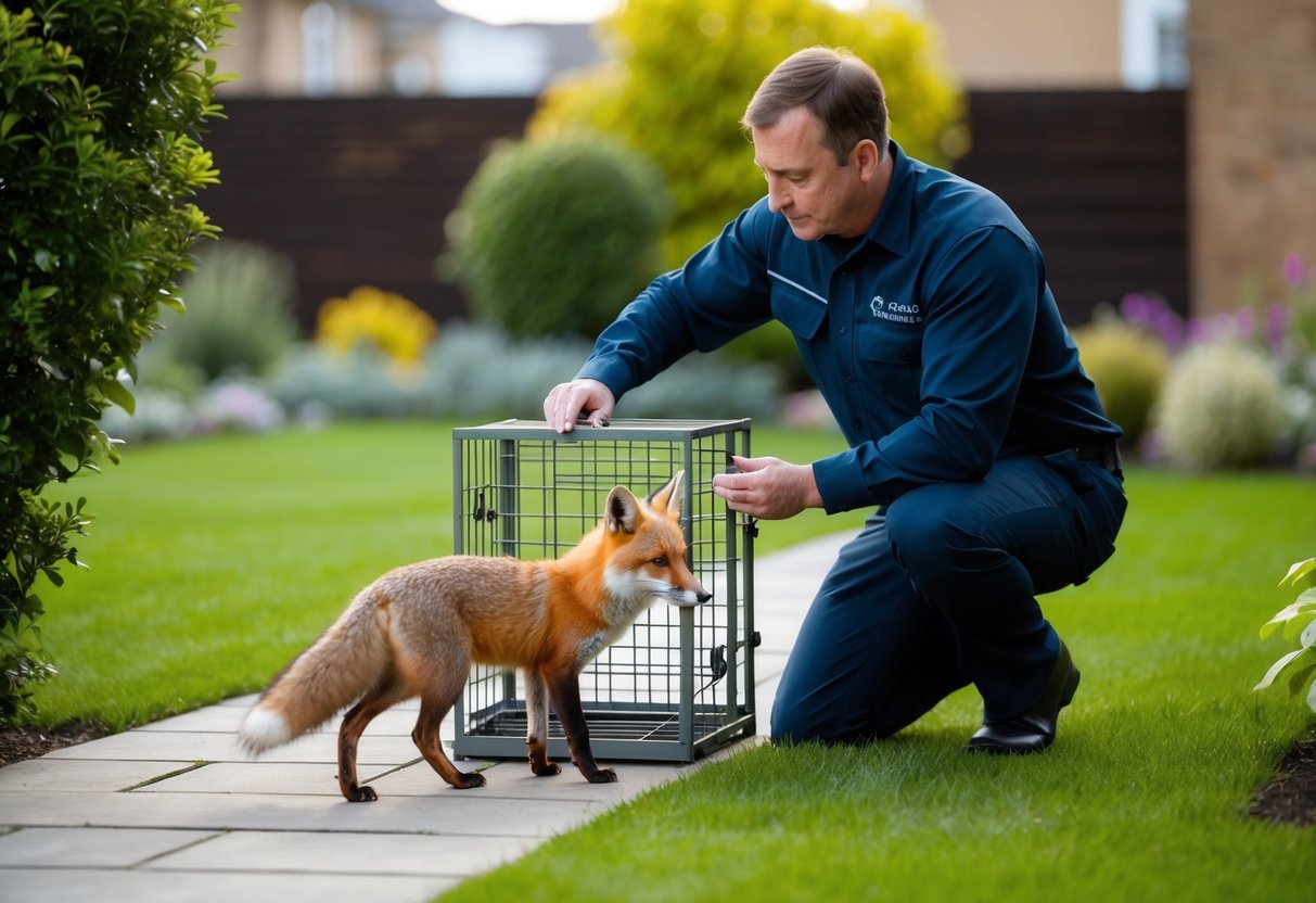 A city council worker using a humane trap to capture a fox in a residential garden
